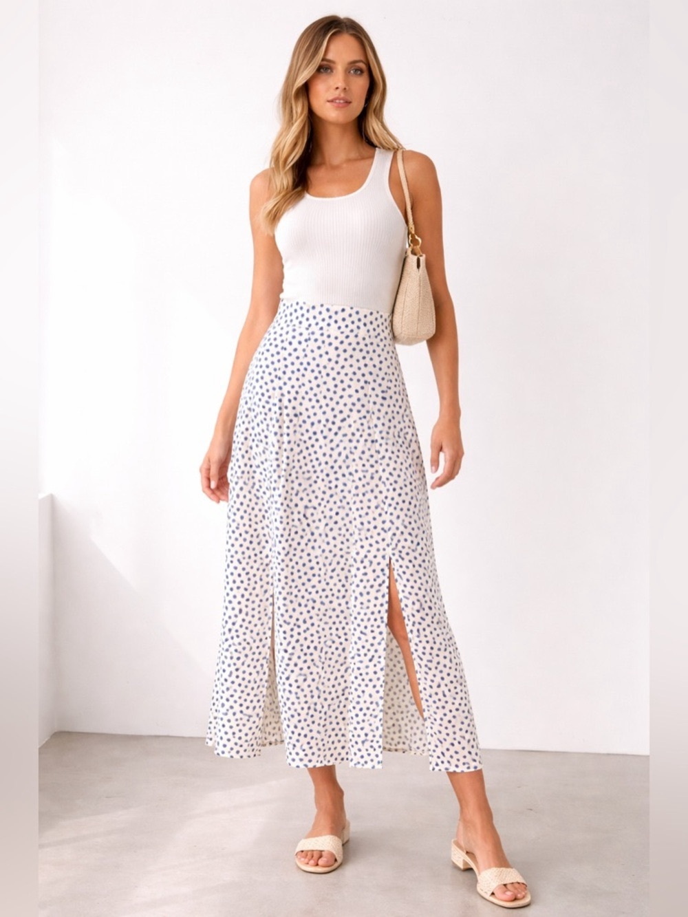 White and Navy Polka Dot A-Line Flowy Midi Skirt